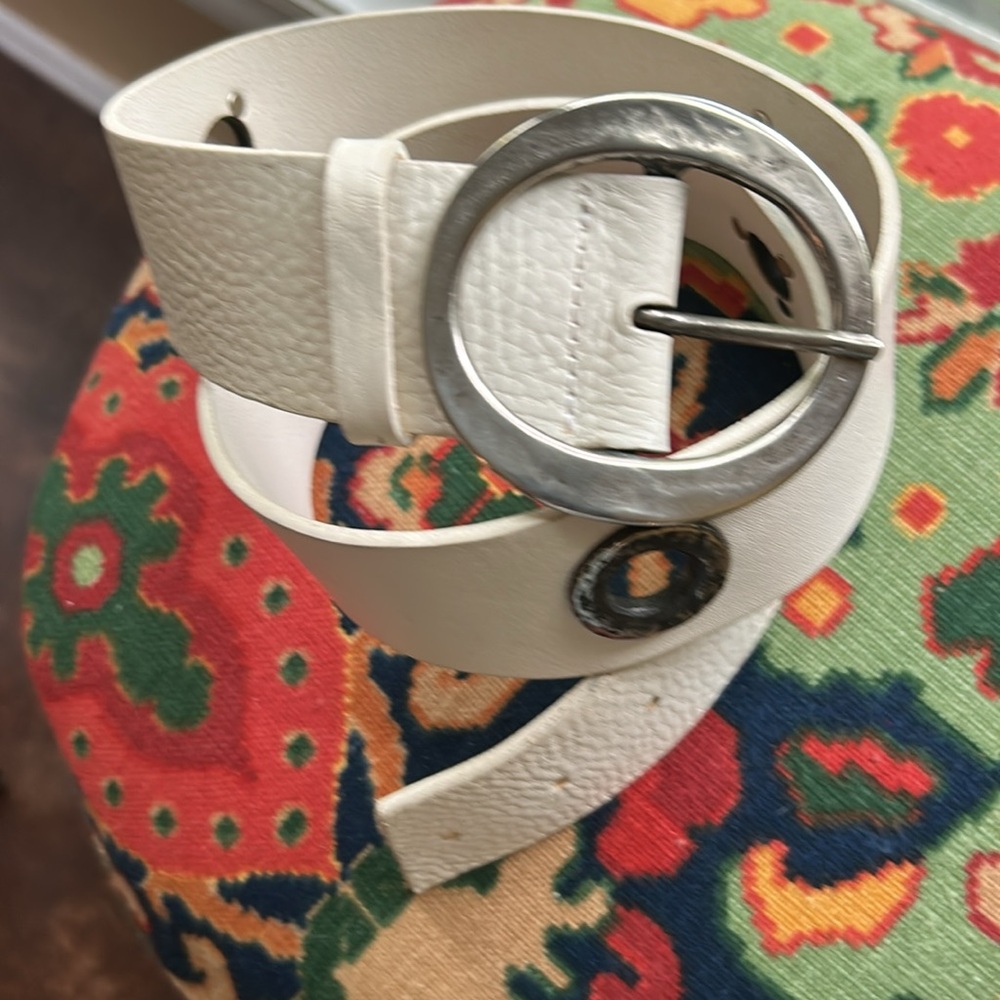 Vintage Made in Italy Garuglieri White Distressed Leather Belt, Silver Buckle